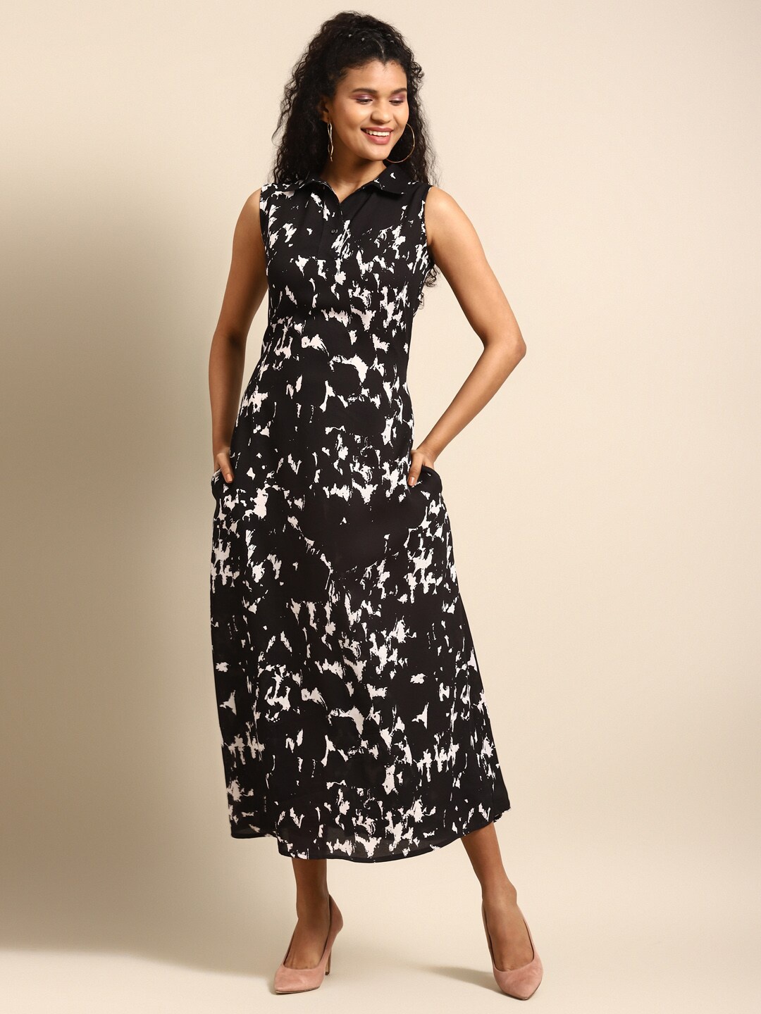 

DODO & MOA Printed Shirt Collar Sleeveless Satin A-Line Maxi Dress, Black