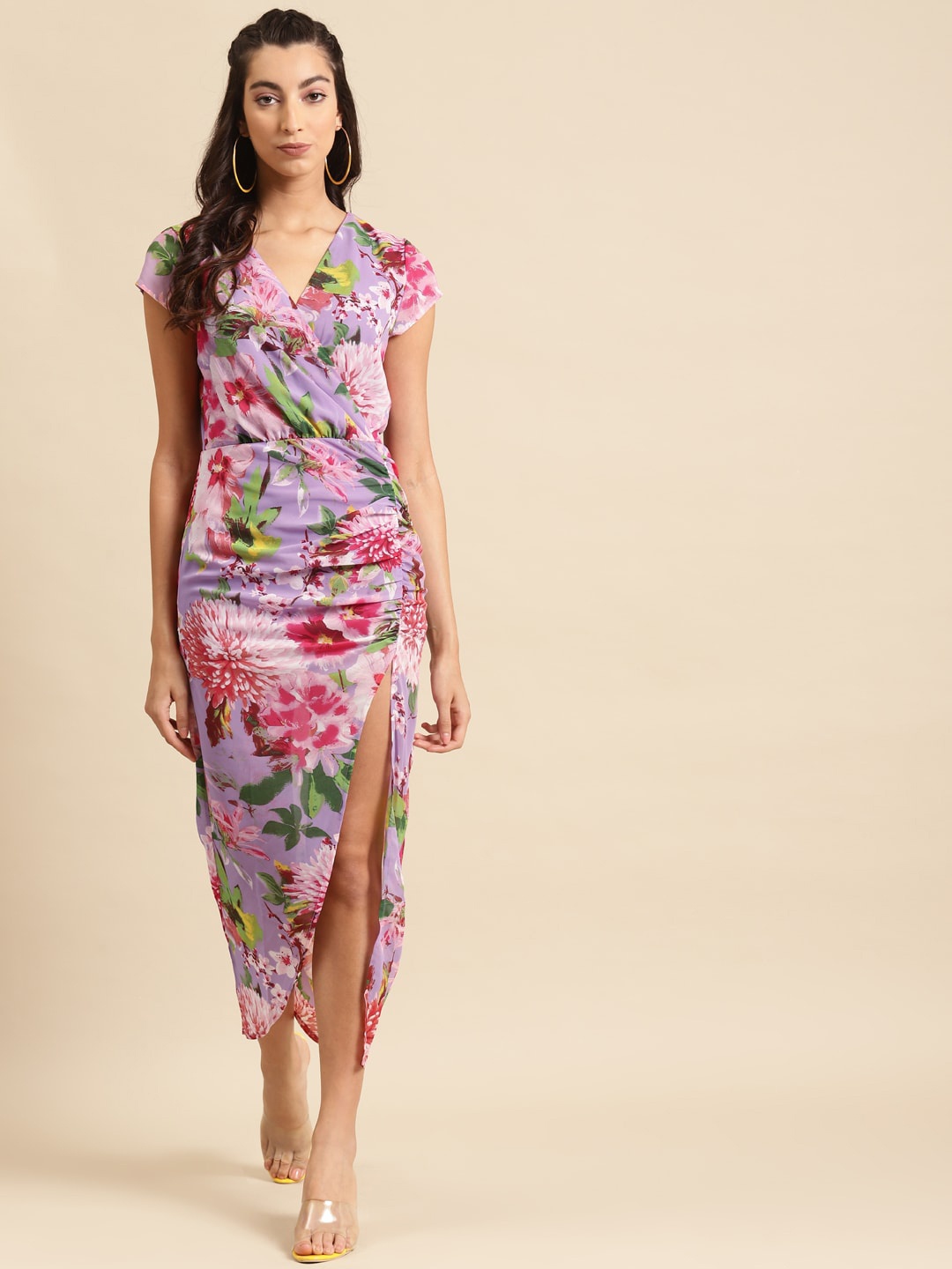 

DODO & MOA V-Neck Floral Printed Front Slit Wrap Crepe Dress, Purple