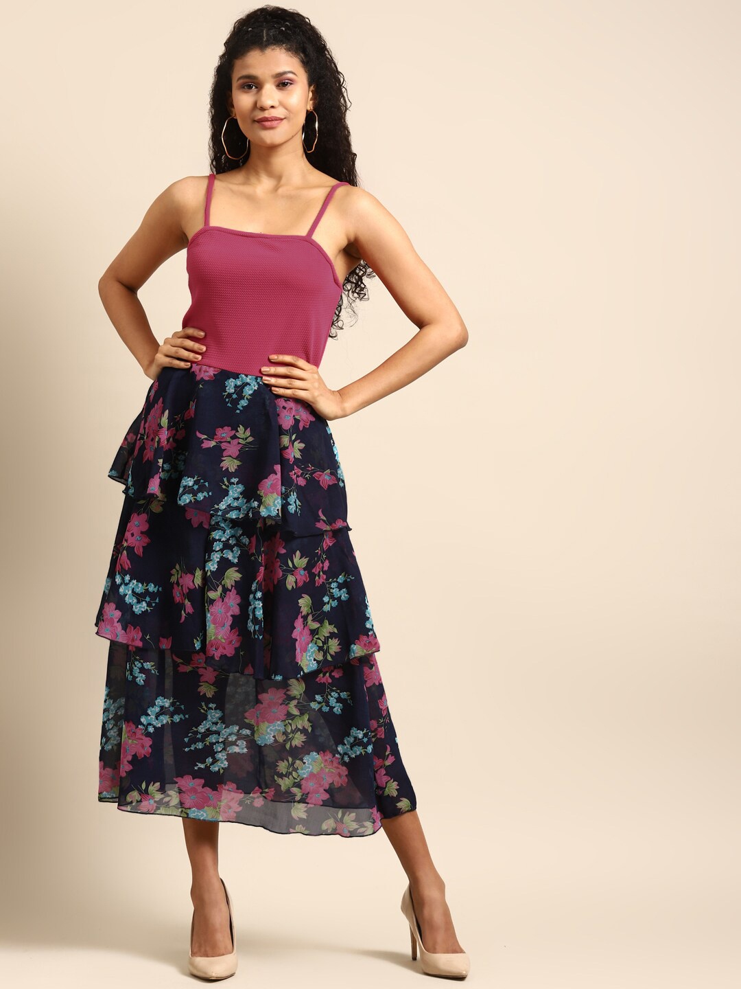 

DODO & MOA Floral Printed Layered Fit & Flare Midi Dress, Pink