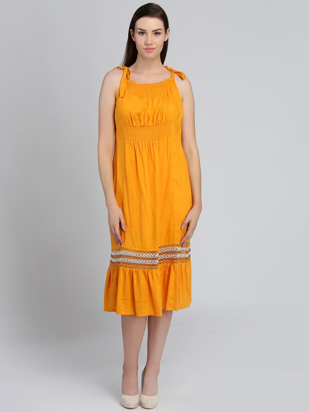 

DODO & MOA Shoulder Strap Smocked A-Line Midi Dress, Mustard