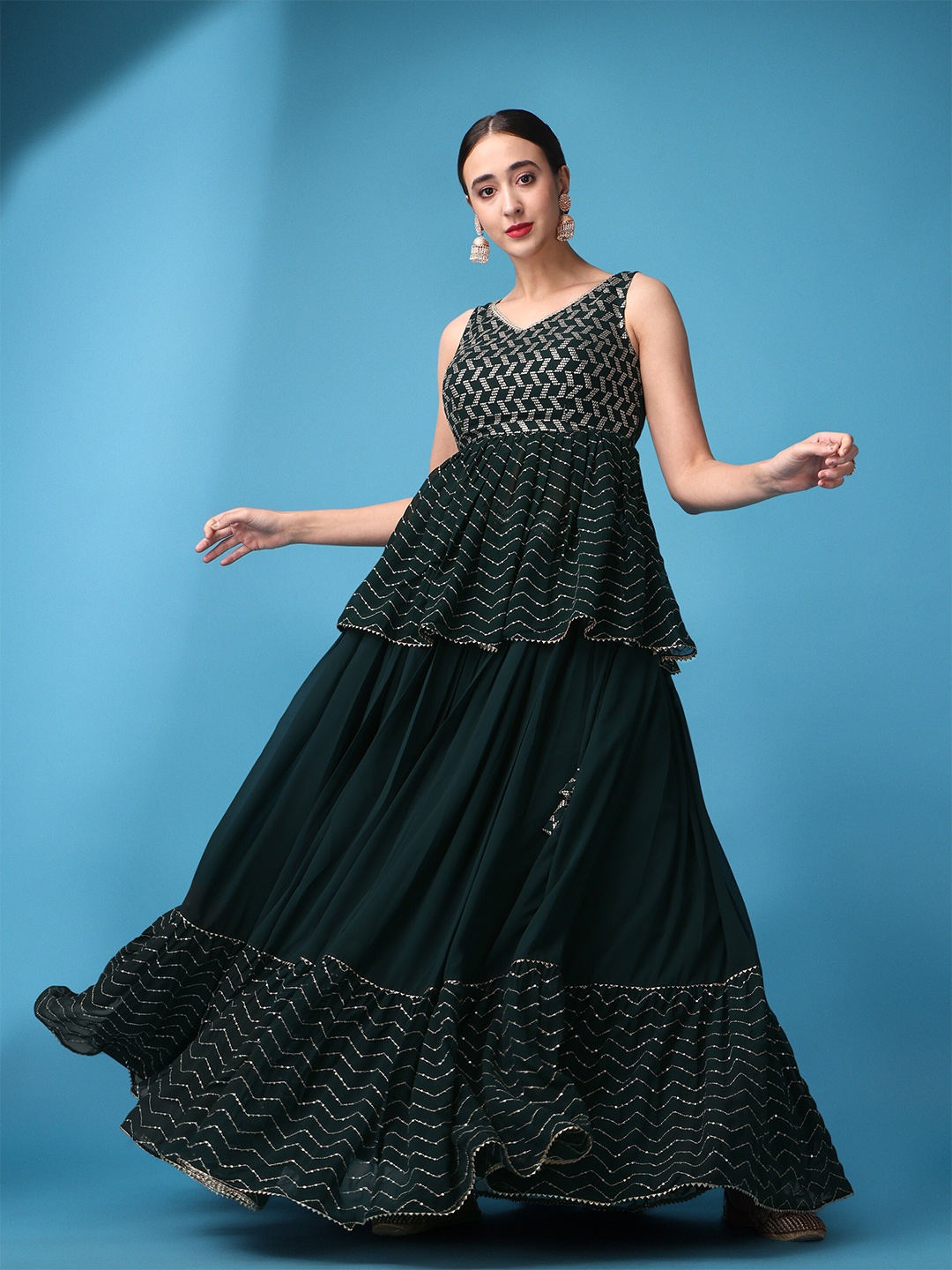 

ASPORA Embroidered Sequinned Ready to Wear Lehenga & Blouse With Dupatta, Green