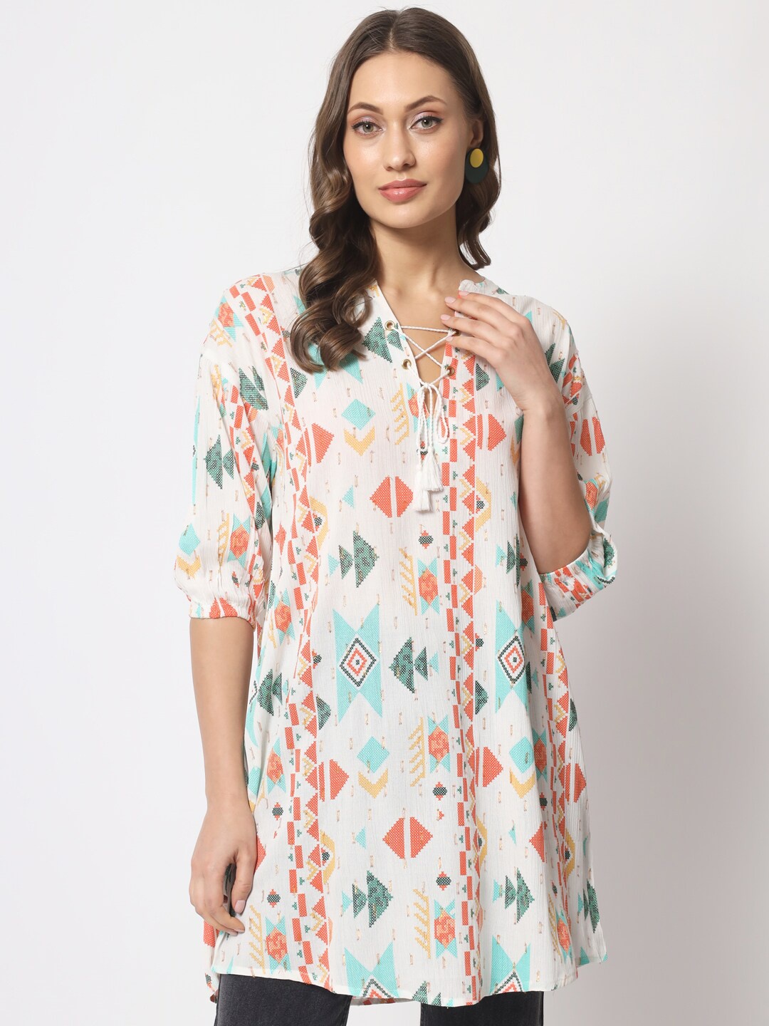 

HERE&NOW Abstract Printed Tie Up Neck Puff Sleeves A-Line Kurta, Off white