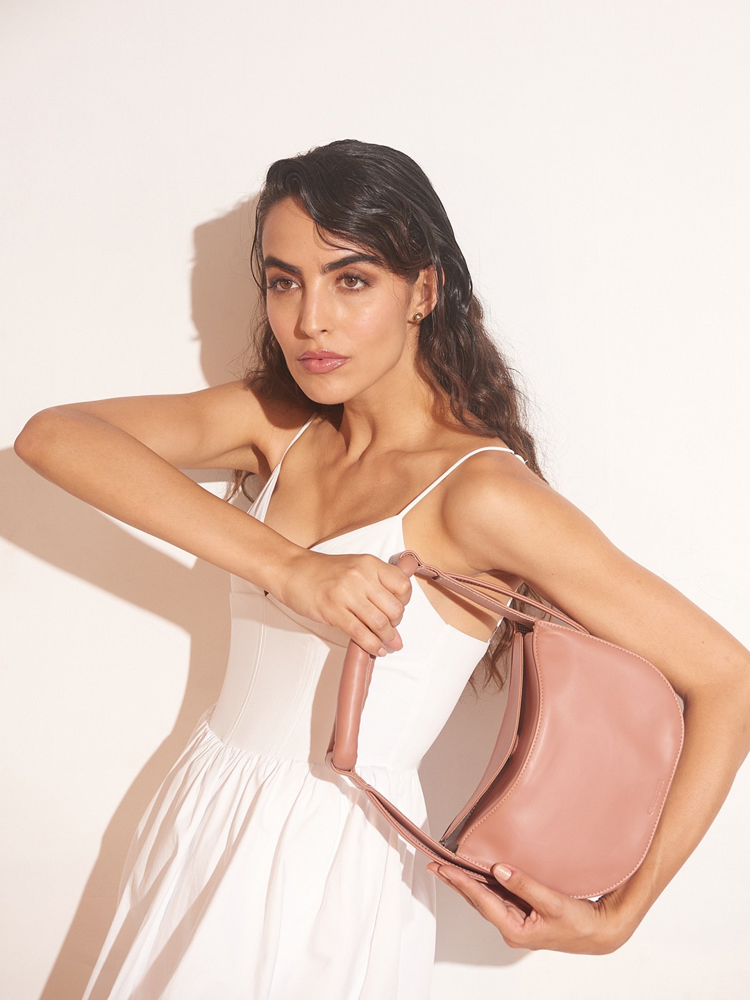 

Clotche Leather Structured Hobo Bag, Peach