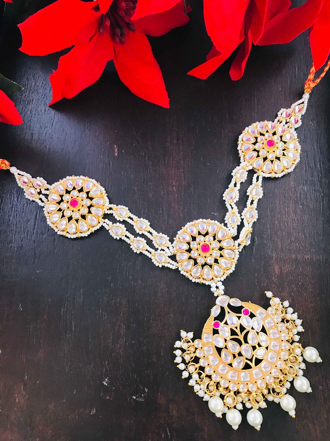 

The Opal Factory Gold-Plated Stones-Studded Sheeshphool Tikka, Pink