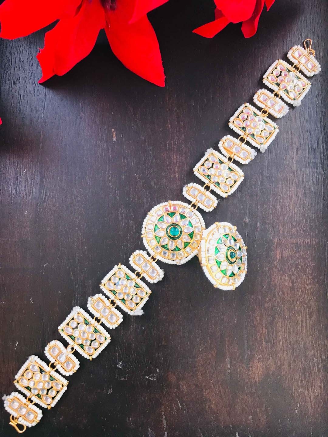 

The Opal Factory Gold-Plated Stones-Studded Sheeshphool Tikka, Green