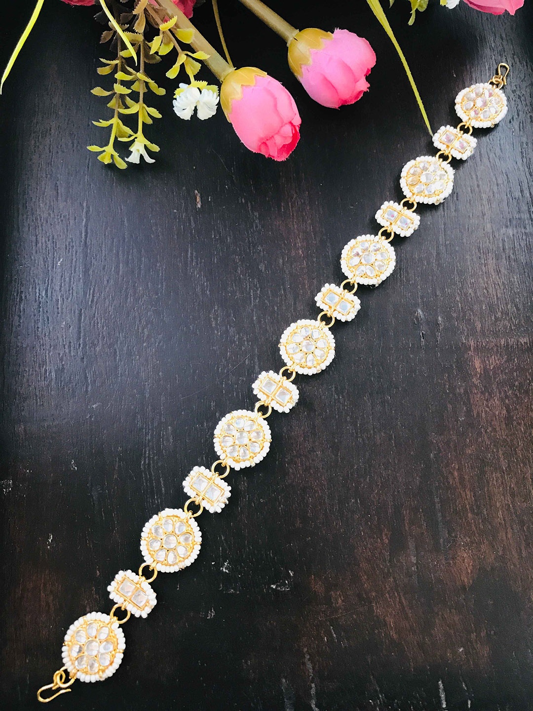 

The Opal Factory Gold Plated Stones-Studded Sheeshphool, White