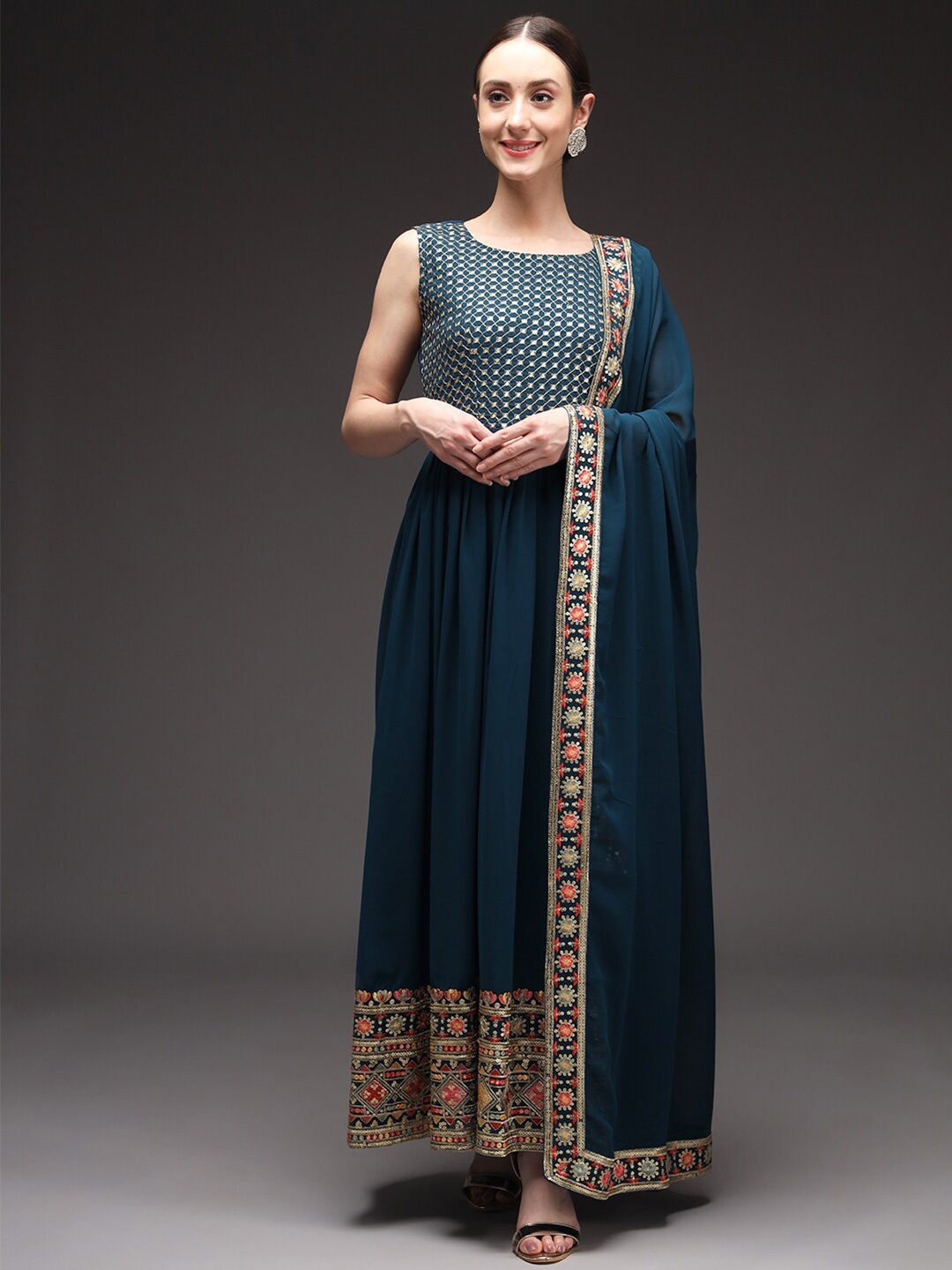 

VAANI CREATION Floral Embroidered Sequined Georgette Ethnic Maxi Dress With Dupatta, Teal