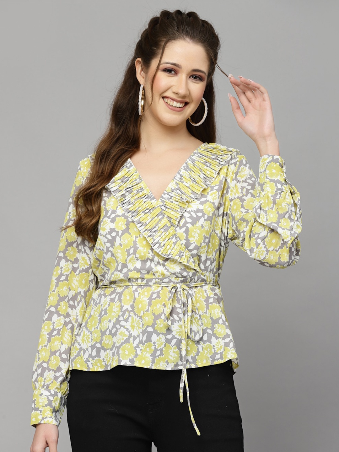 

Mafadeny Floral Print Wrap Top, Grey