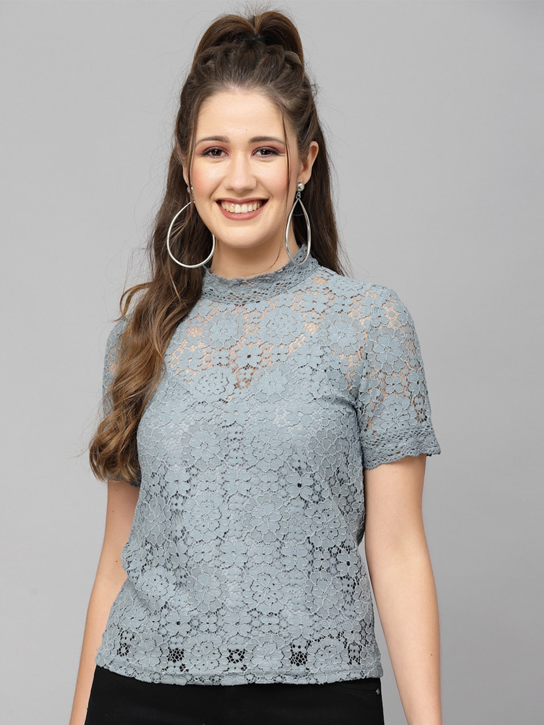 

Mafadeny High Neck Self Design Top, Grey