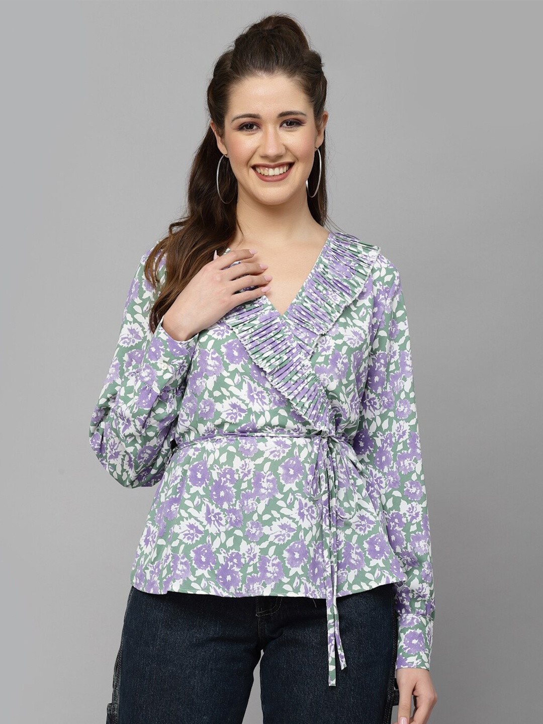 

Mafadeny Floral Printed Chiffon Pleated Wrap Top, Green