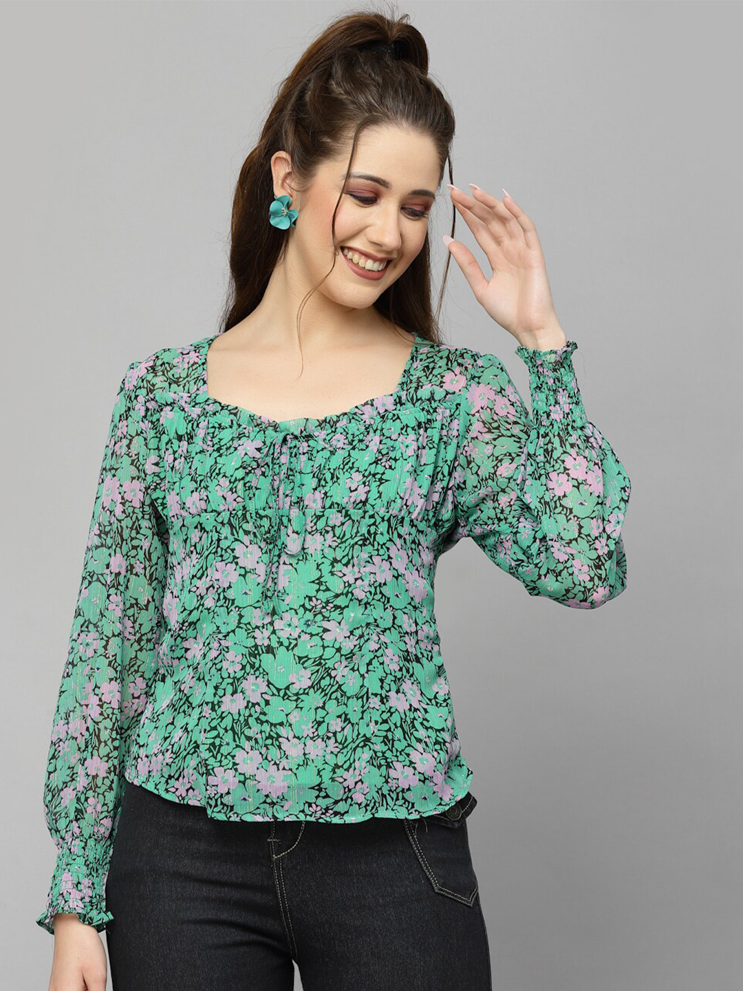 

Mafadeny Floral Printed Sweetheart Neck Puff Sleeves Chiffon Top, Green