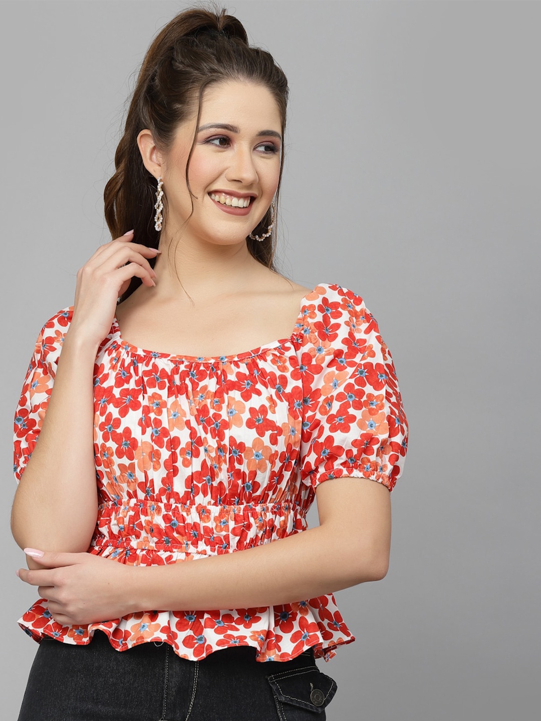

Mafadeny Floral Printed Gathered Cotton Crop Top, Red