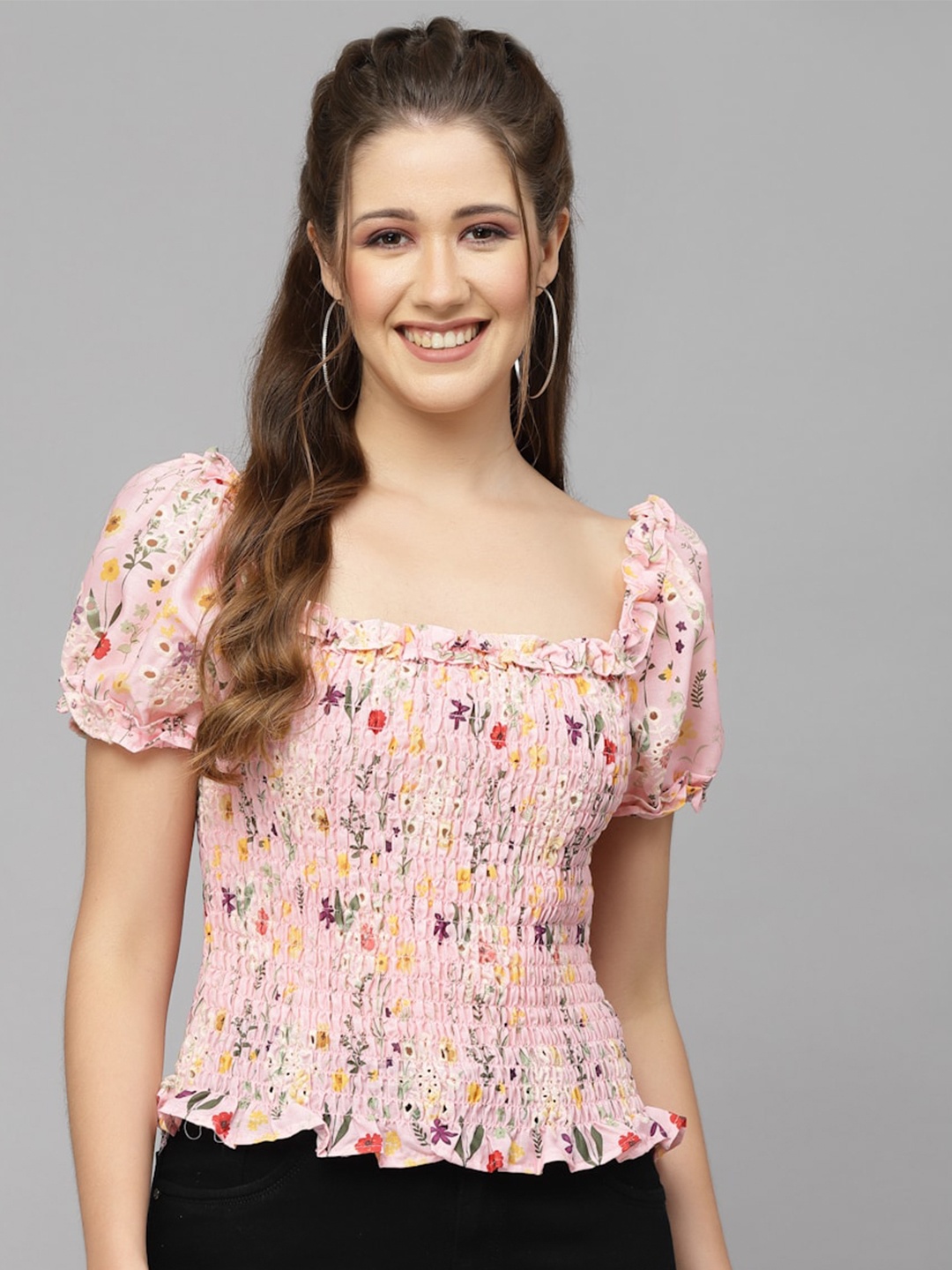

Mafadeny Floral Printed Smocked Schiffli Cotton Top, Pink