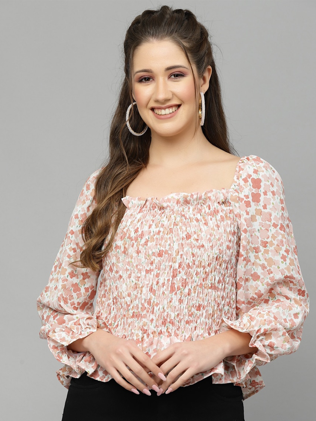 

Mafadeny Floral Printed Smocked Top, White