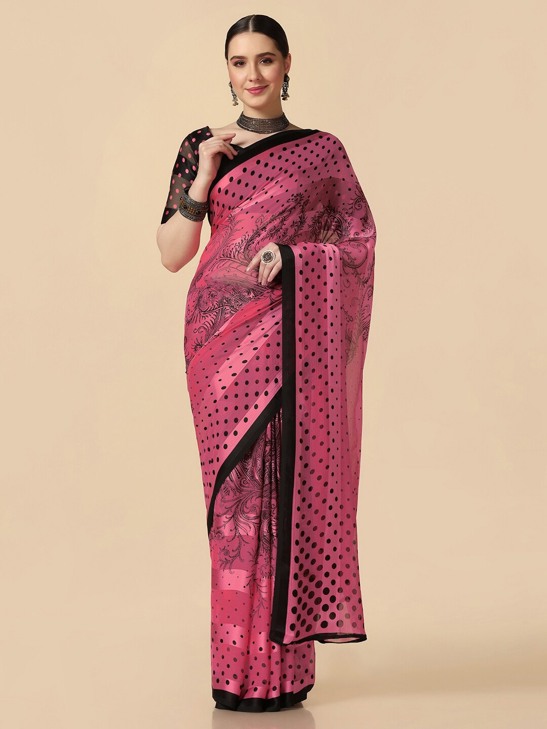 

Mitera Polka Dots Printed Saree, Pink
