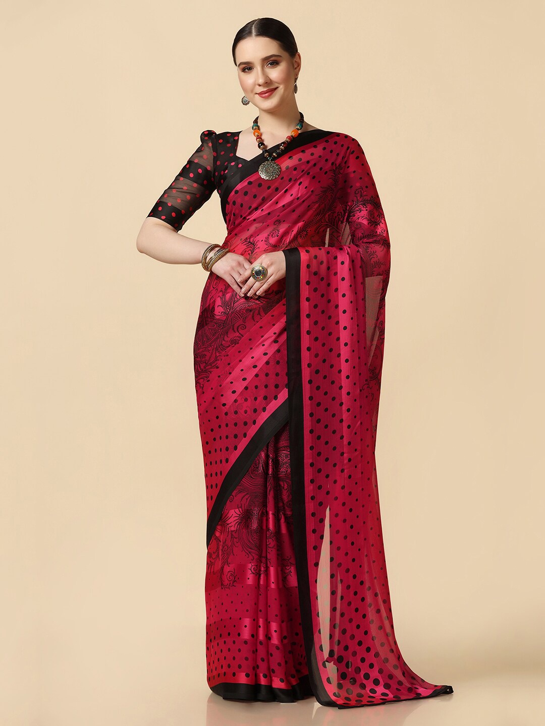 

Mitera Polka Dots Printed Saree, Red