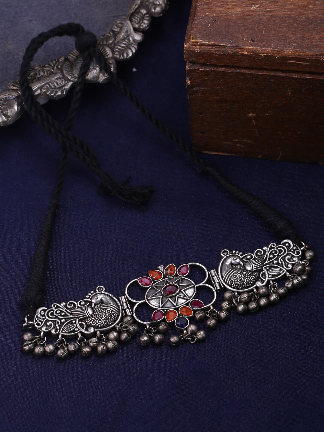 

Shoshaa Brass Silver-Plated Oxidised Necklace, Red
