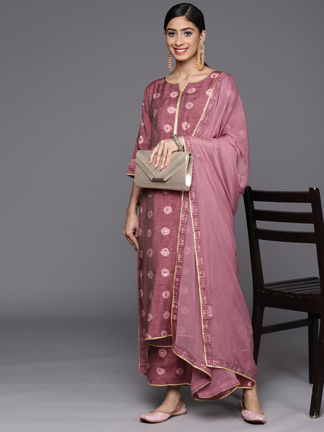 

Libas Ethnic Motifs Printed Regular Kurta with Palazzos & With Dupatta, Mauve