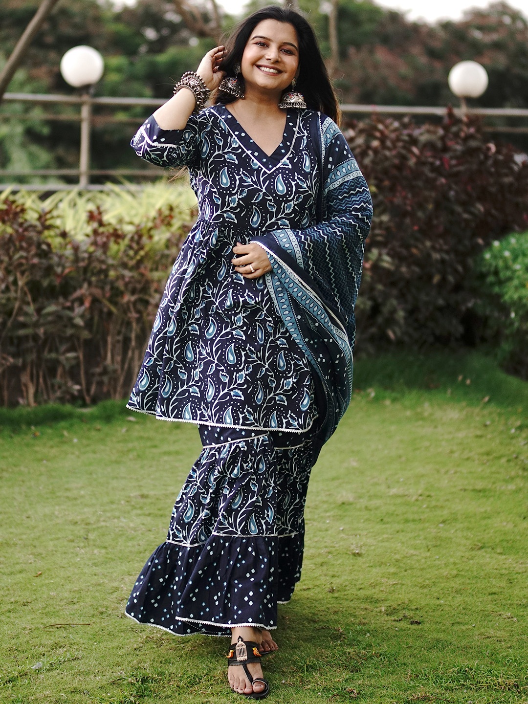 

Libas Floral Printed Pleated Gotta Patti Pure Cotton Kurti with Sharara & With Dupatta, Blue