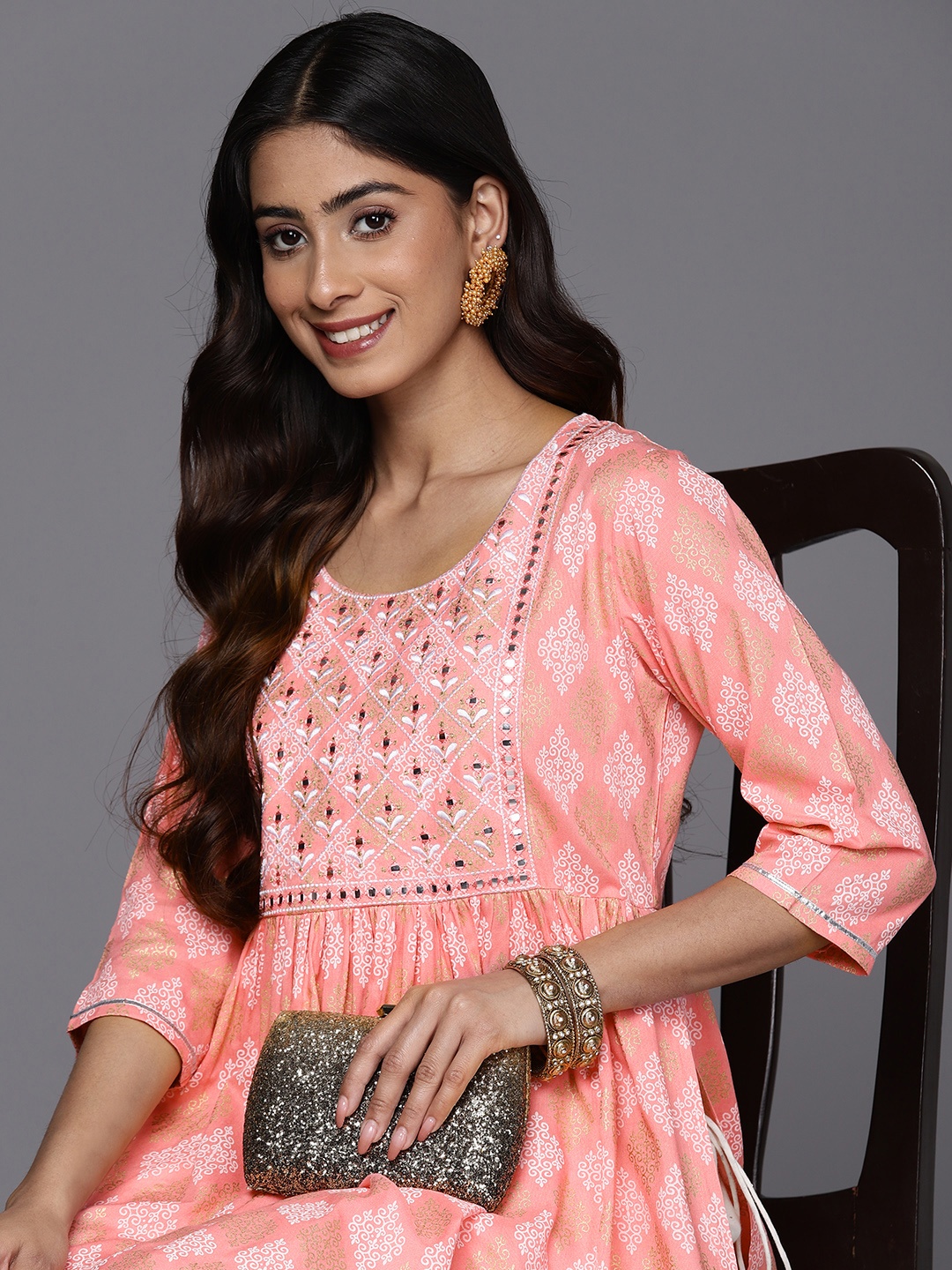 

Libas Yoke Design Mirror Work Pastel Kurta, Pink
