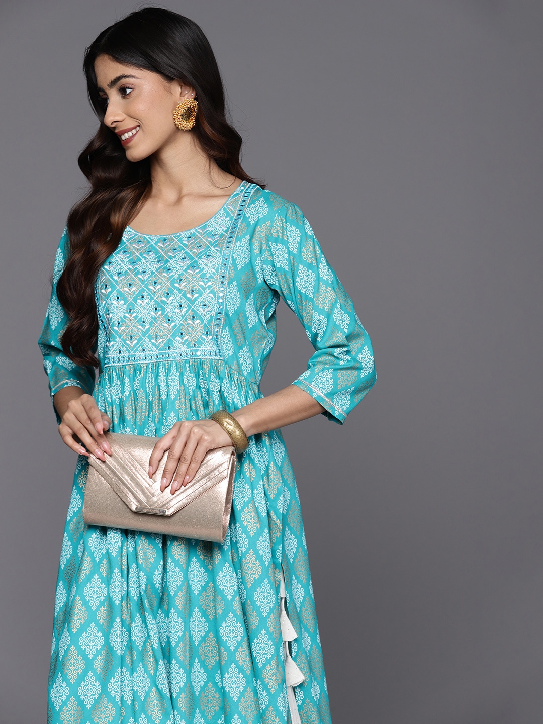 

Libas Yoke Design Mirror Work Kurta, Turquoise blue