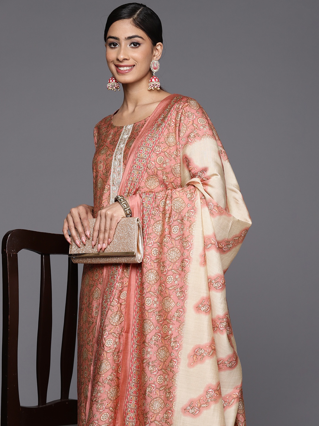 

Libas Floral Printed Regular Sequinned Kurta with Trousers & With Dupatta, Peach