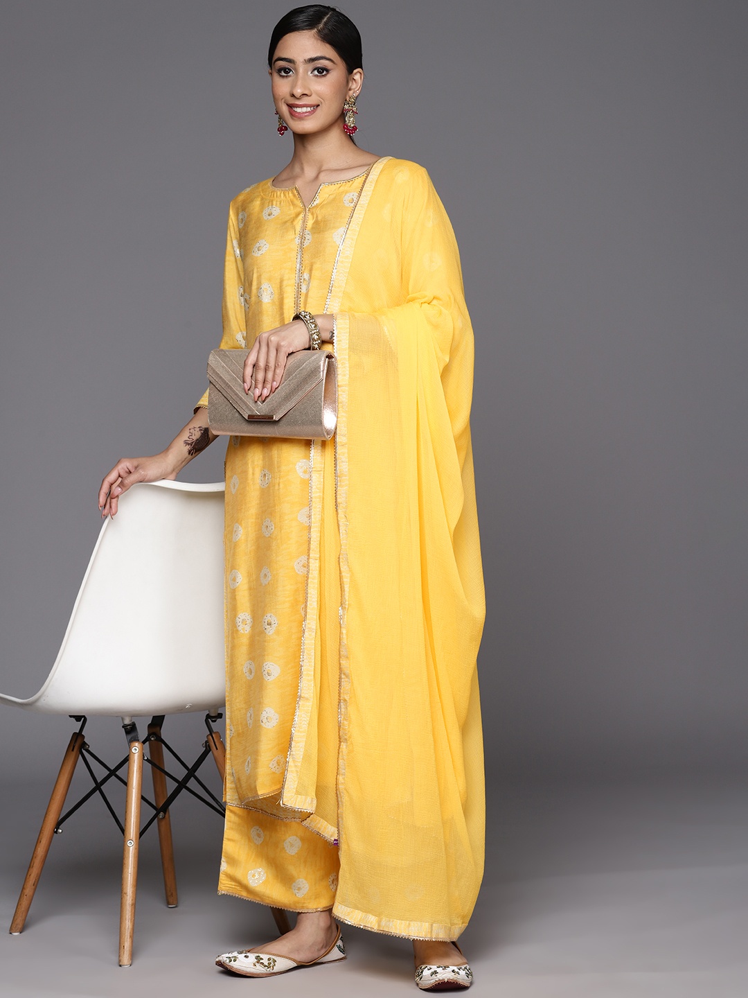 

Libas Ethnic Motifs Printed Regular Gotta Patti Kurta With Palazzos & With Dupatta, Mustard