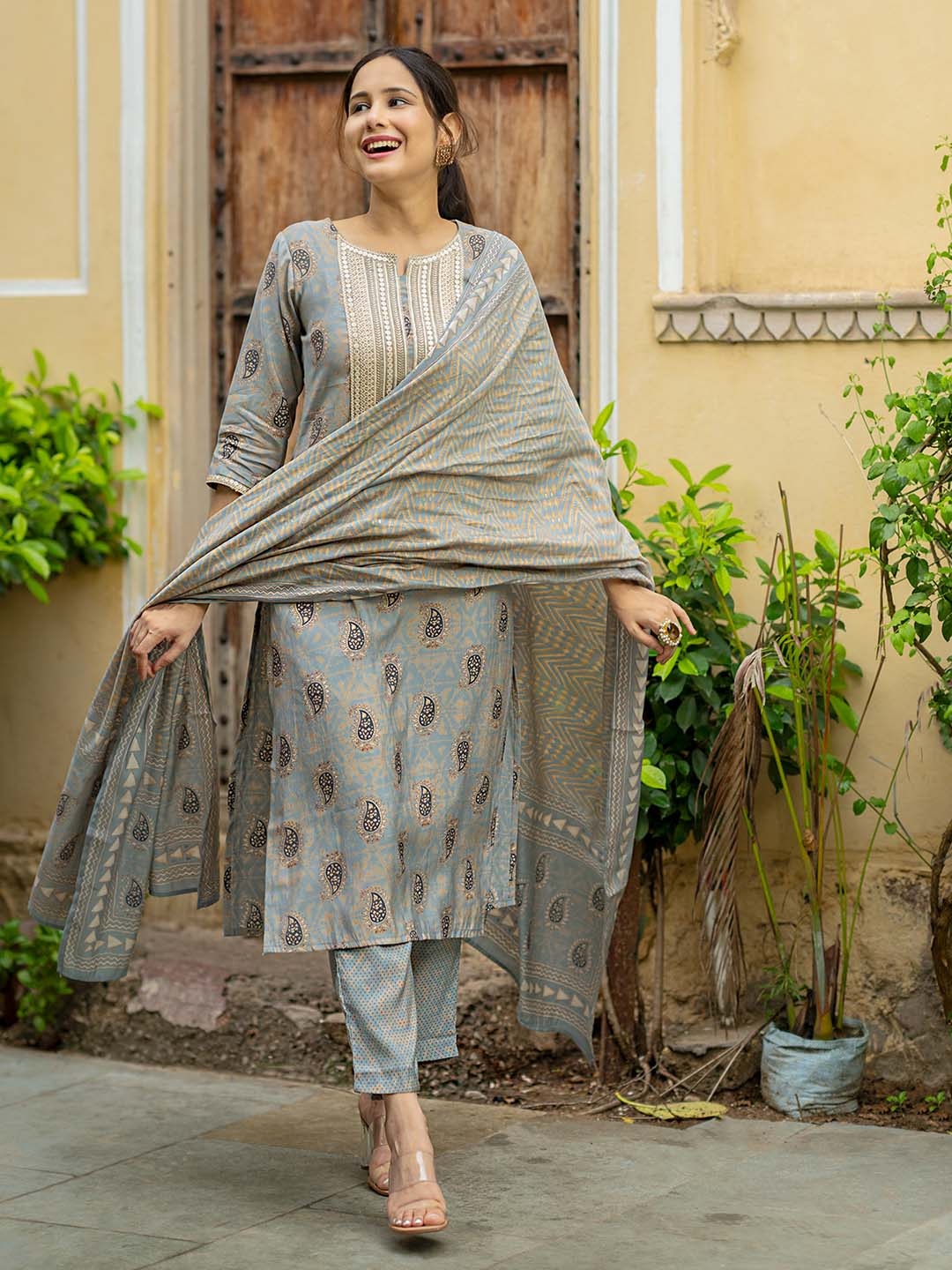 

Libas Paisley Yoke Design Regular Kurta With Trousers & With Dupatta, Grey