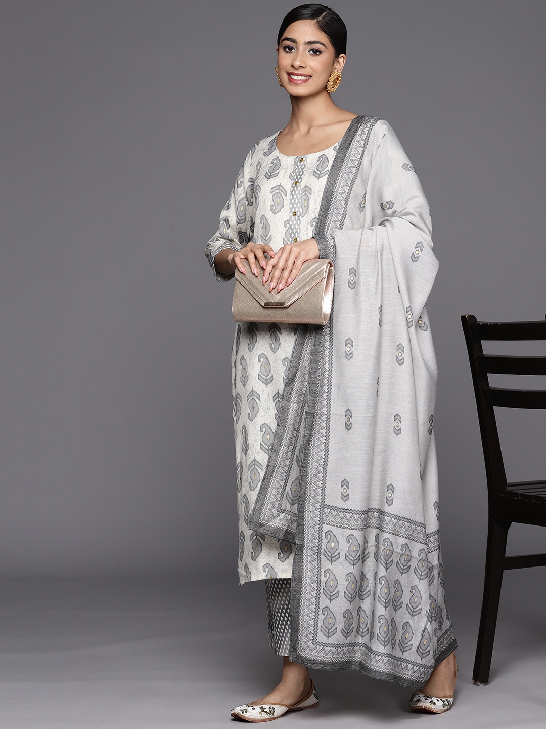 

Libas Paisley Printed Regular Kurta with Trousers & With Dupatta, Off white