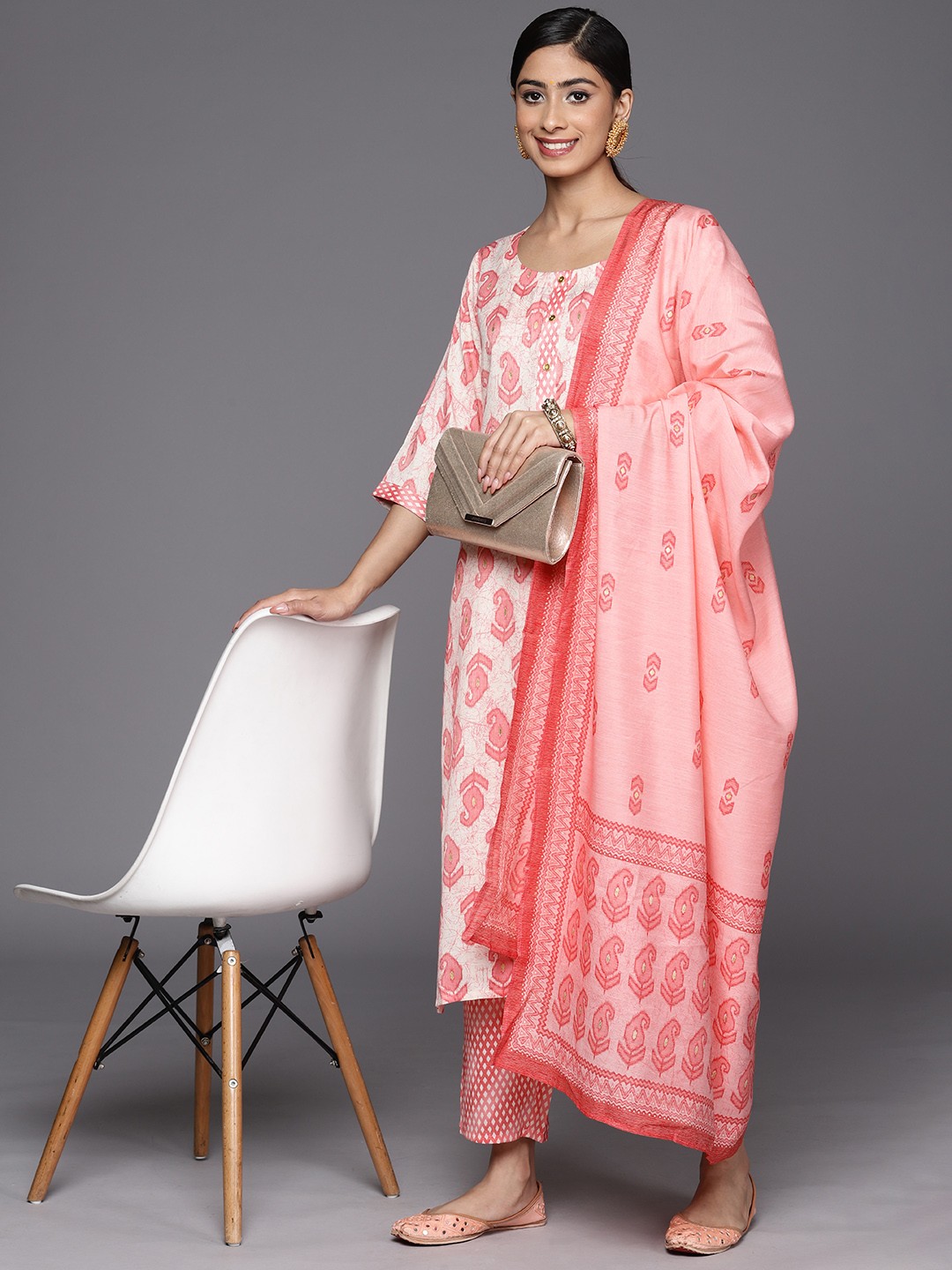 

Libas Paisley Printed Regular Kurta with Trousers & With Dupatta, Off white