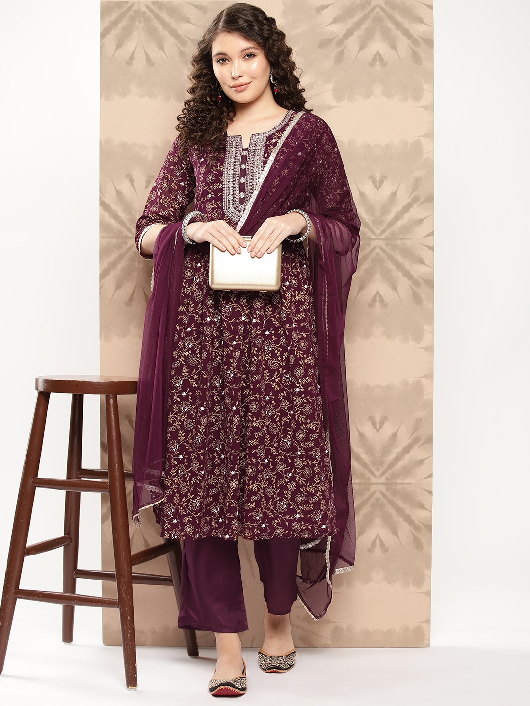 

Libas Women Floral Yoke Design High Slit Sequinned Kurta with Trousers & With Dupatta, Burgundy