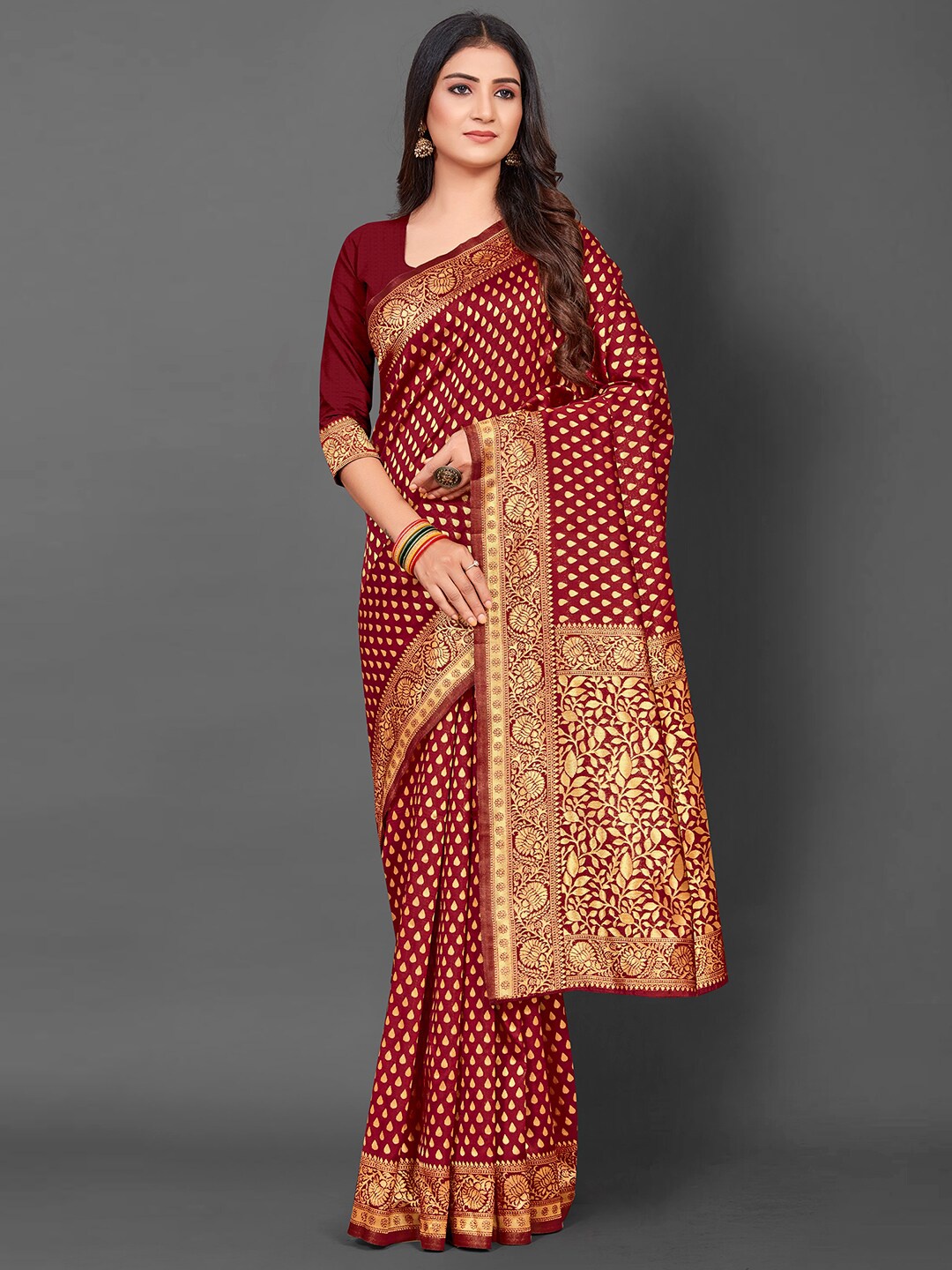 

Mitera Ethnic Motifs Woven Design Zari Silk Blend Kanjeevaram Saree, Brown