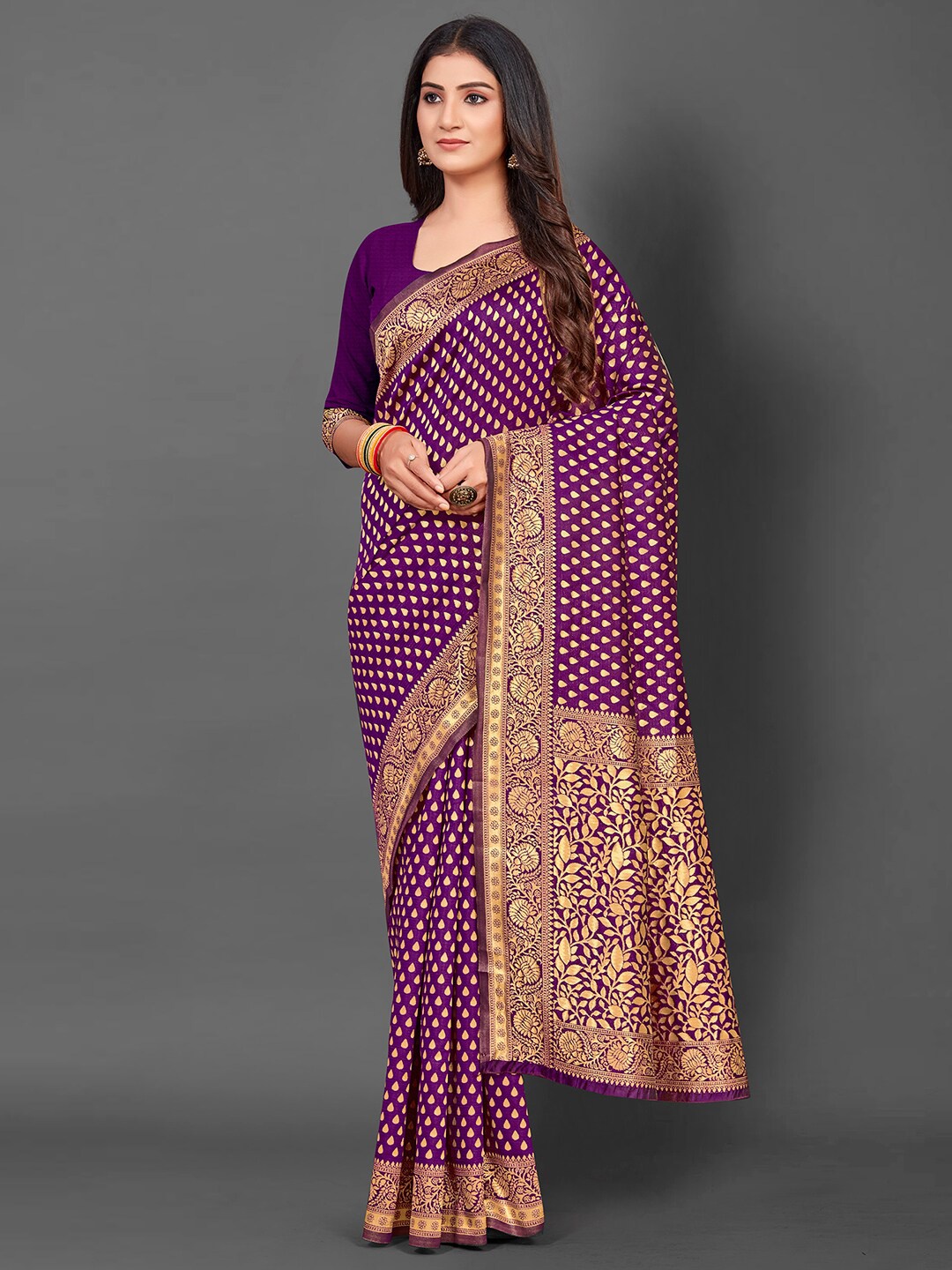 

Mitera Ethnic Motifs Woven Design Zari Silk Blend Kanjeevaram Saree, Purple