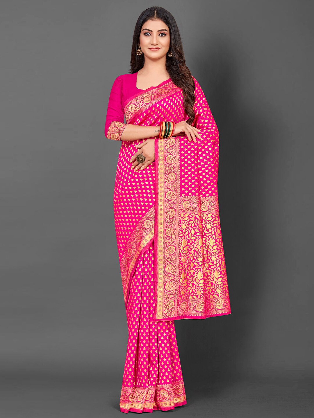 

Mitera Ethnic Motifs Woven Design Zari Silk Blend Kanjeevaram Saree, Pink