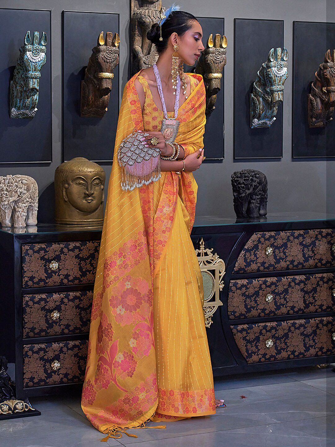 

Mitera Embellished Sequinned Organza Saree, Yellow