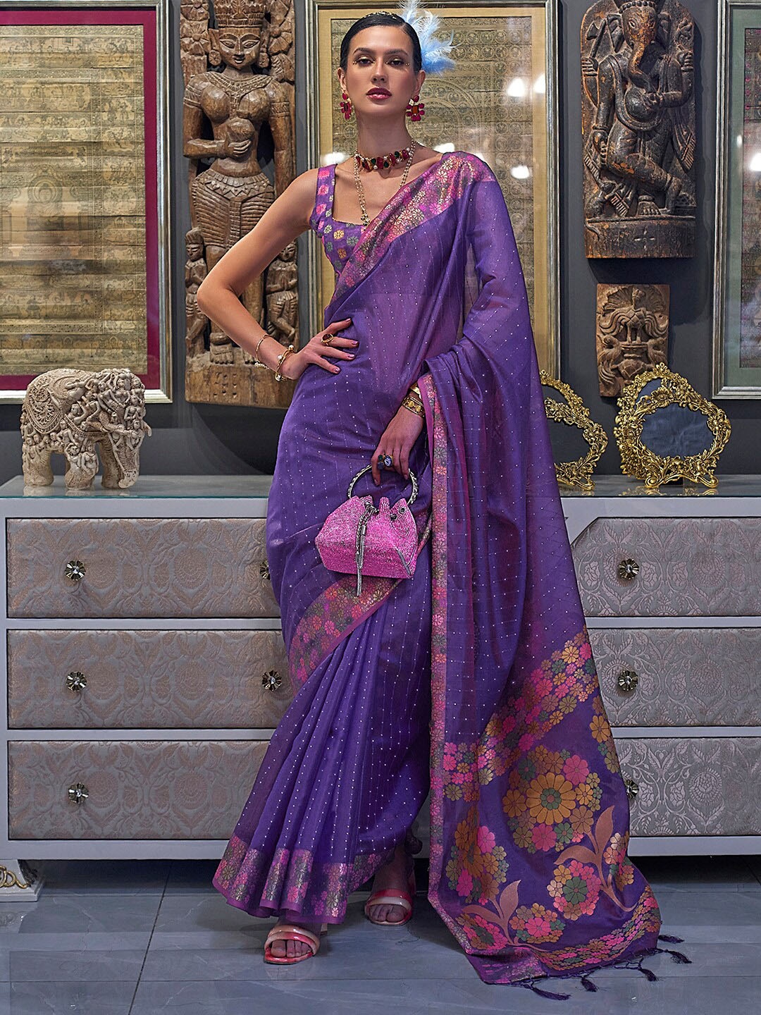 

Mitera Embellished Organza Saree, Purple