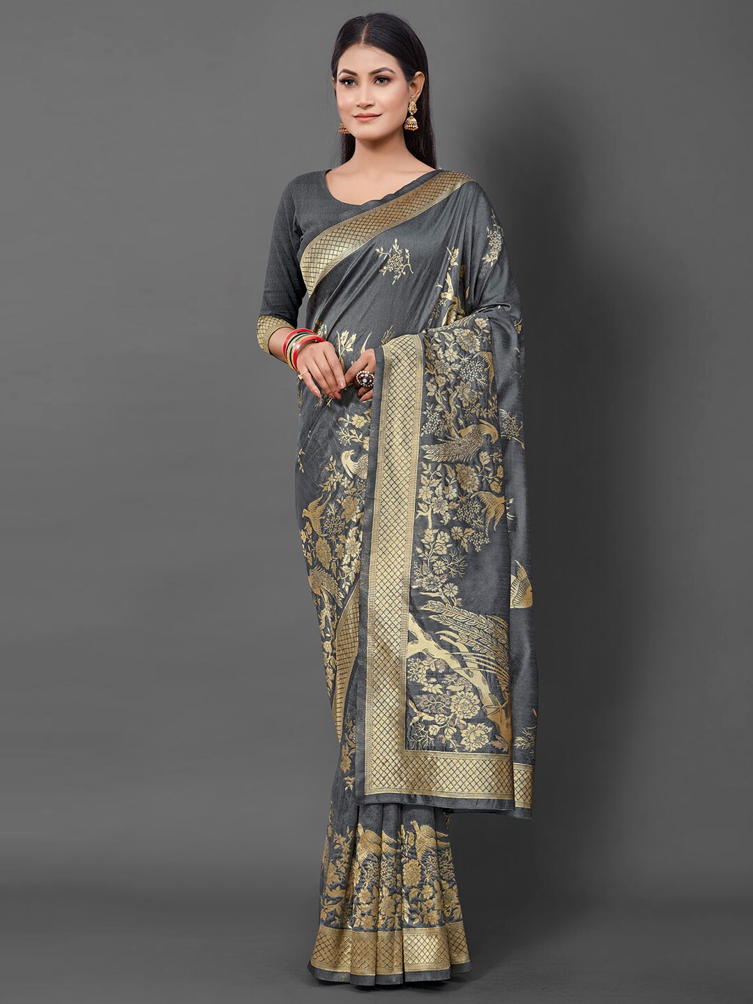 

Mitera Floral Woven Design Zari Silk Cotton Banarasi Saree, Grey