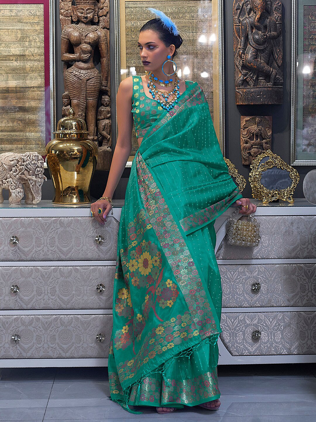 

Mitera Embellished Sequinned Organza Saree, Sea green