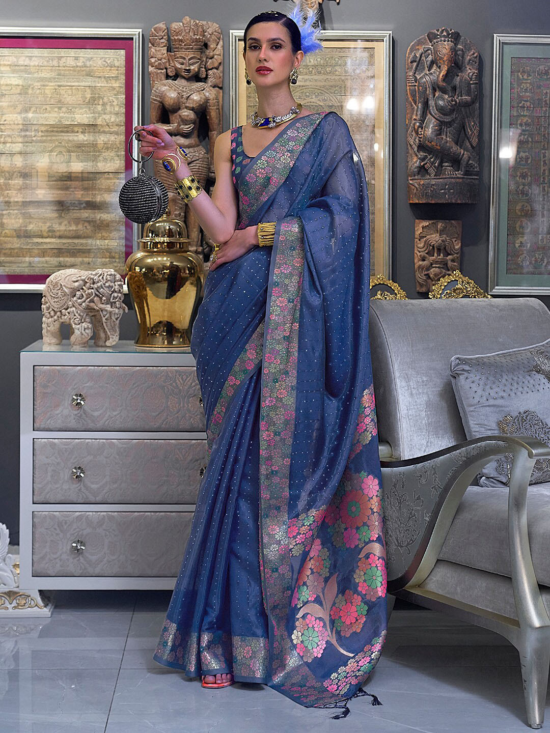 

Mitera Embellished Sequinned Organza Saree, Navy blue