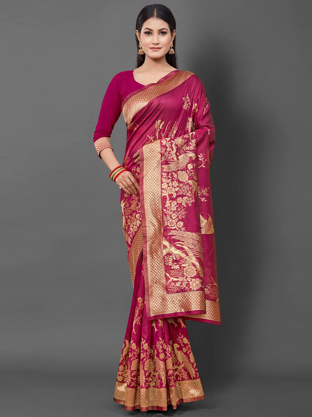 

Mitera Floral Woven Design Zari Silk Cotton Banarasi Saree, Magenta