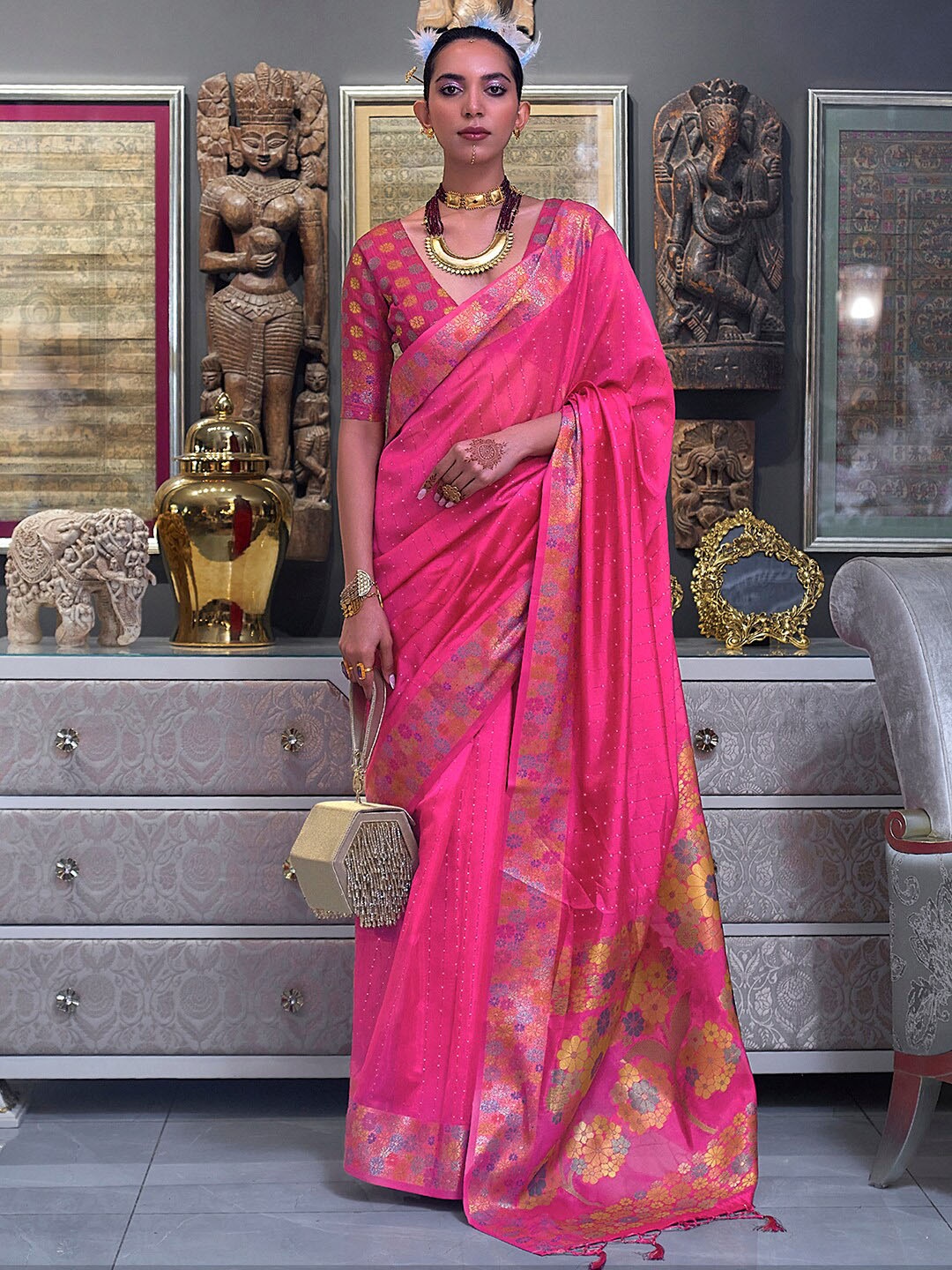 

Mitera Embellished Sequinned Organza Saree, Pink