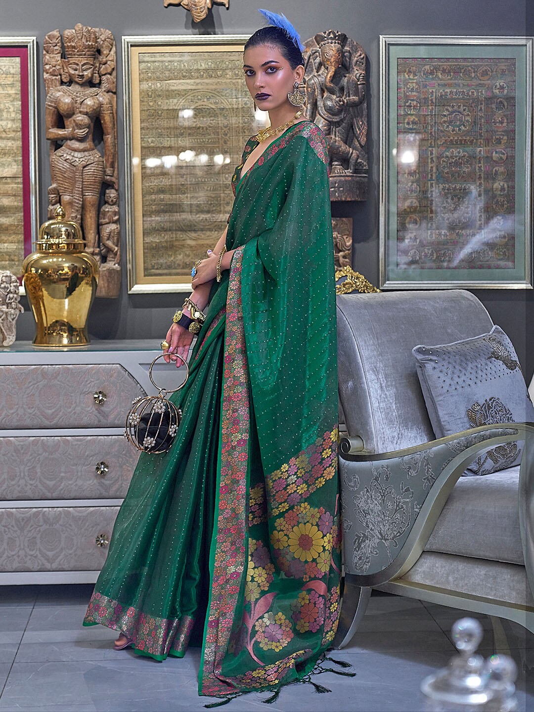 

Mitera Sequinned Embellished Organza Saree, Green