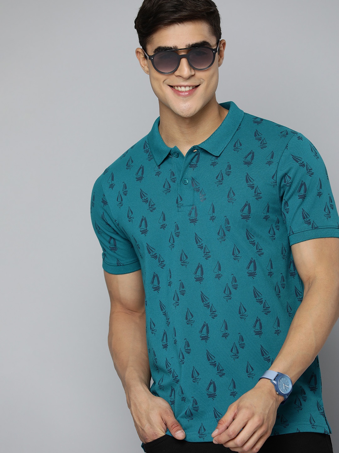 

HERE&NOW Men Printed Polo Collar T-shirt, Teal