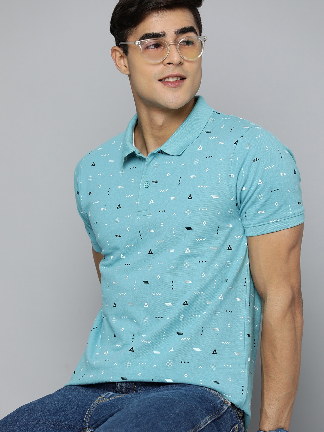 

HERE&NOW Men Printed Polo Collar T-shirt, Blue