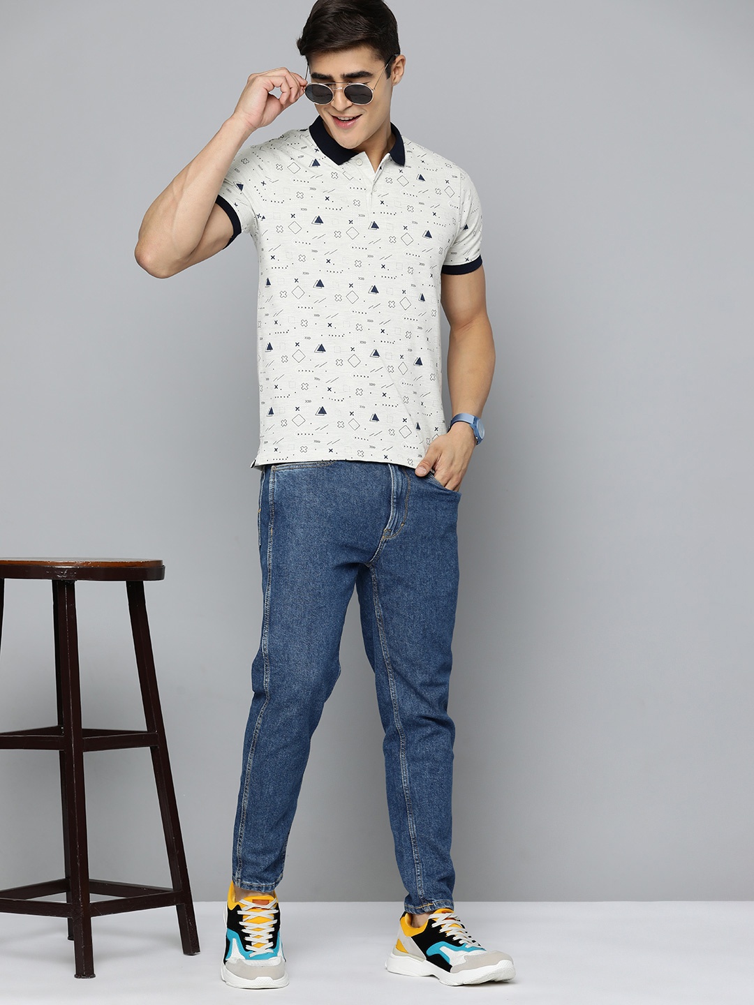 

HERE&NOW Men Printed Polo Collar T-shirt, Beige