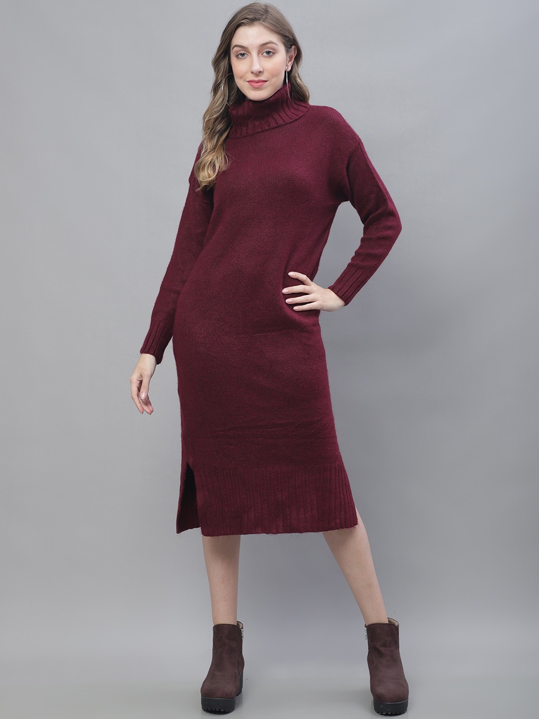 

NoBarr Turtle Neck Acrylic Sheath Midi Dress, Maroon