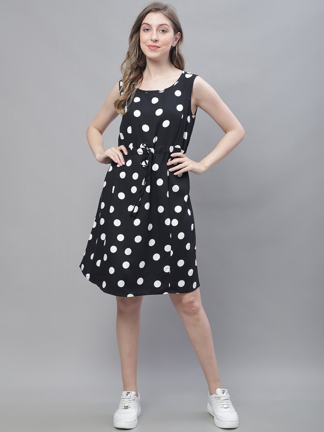 

NoBarr Round Neck Polka Dots Printed Tie-Up Cotton Dress, Black