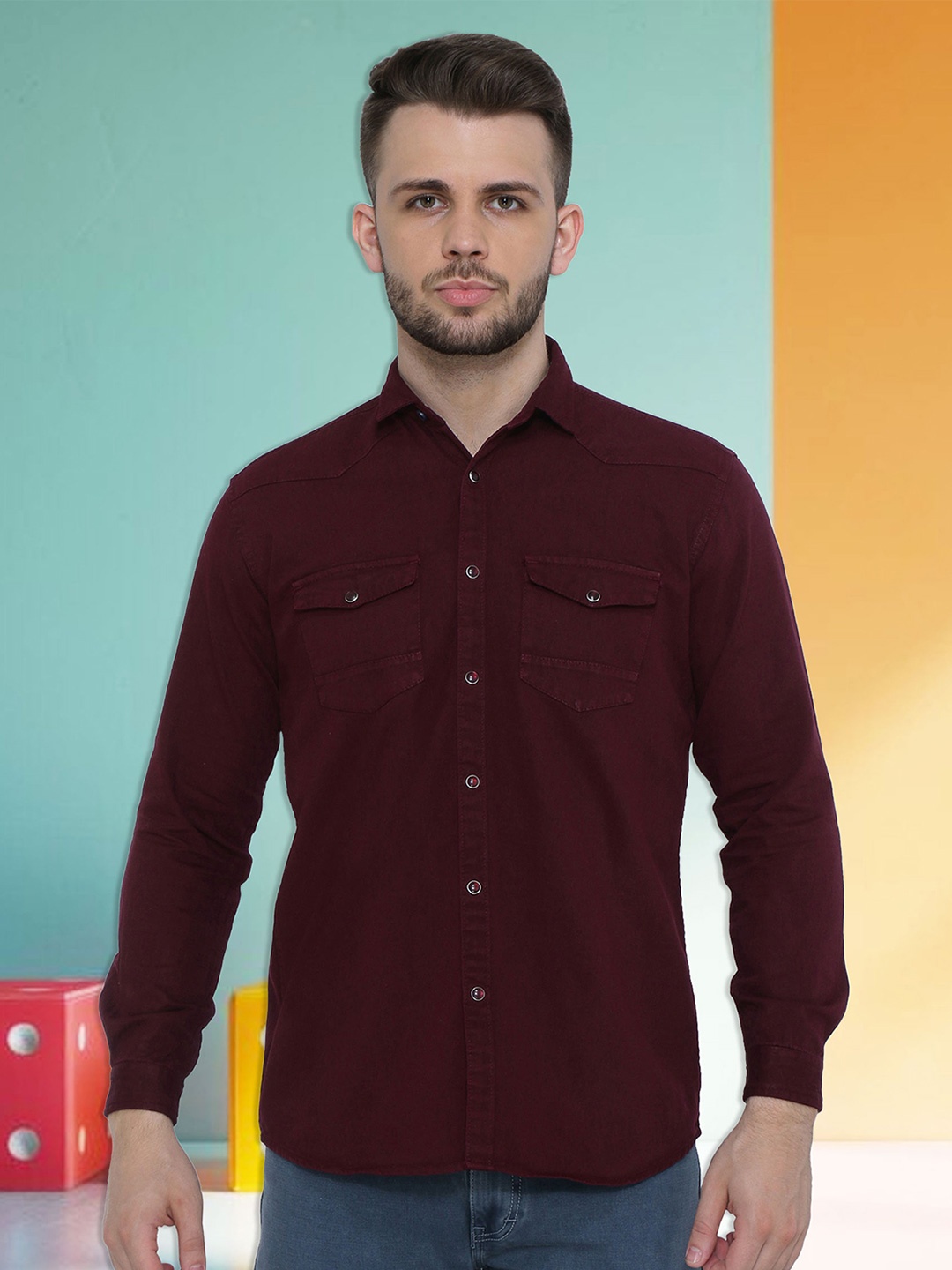 

Kuons Avenue Men Smart Slim Fit Casual Denim Shirt, Magenta