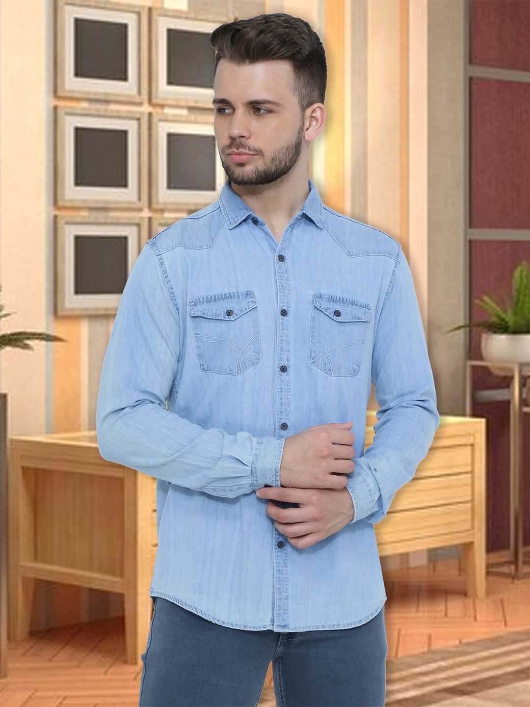 

Kuons Avenue Spread Collar Slim Fit Denim Casual Shirt, Blue