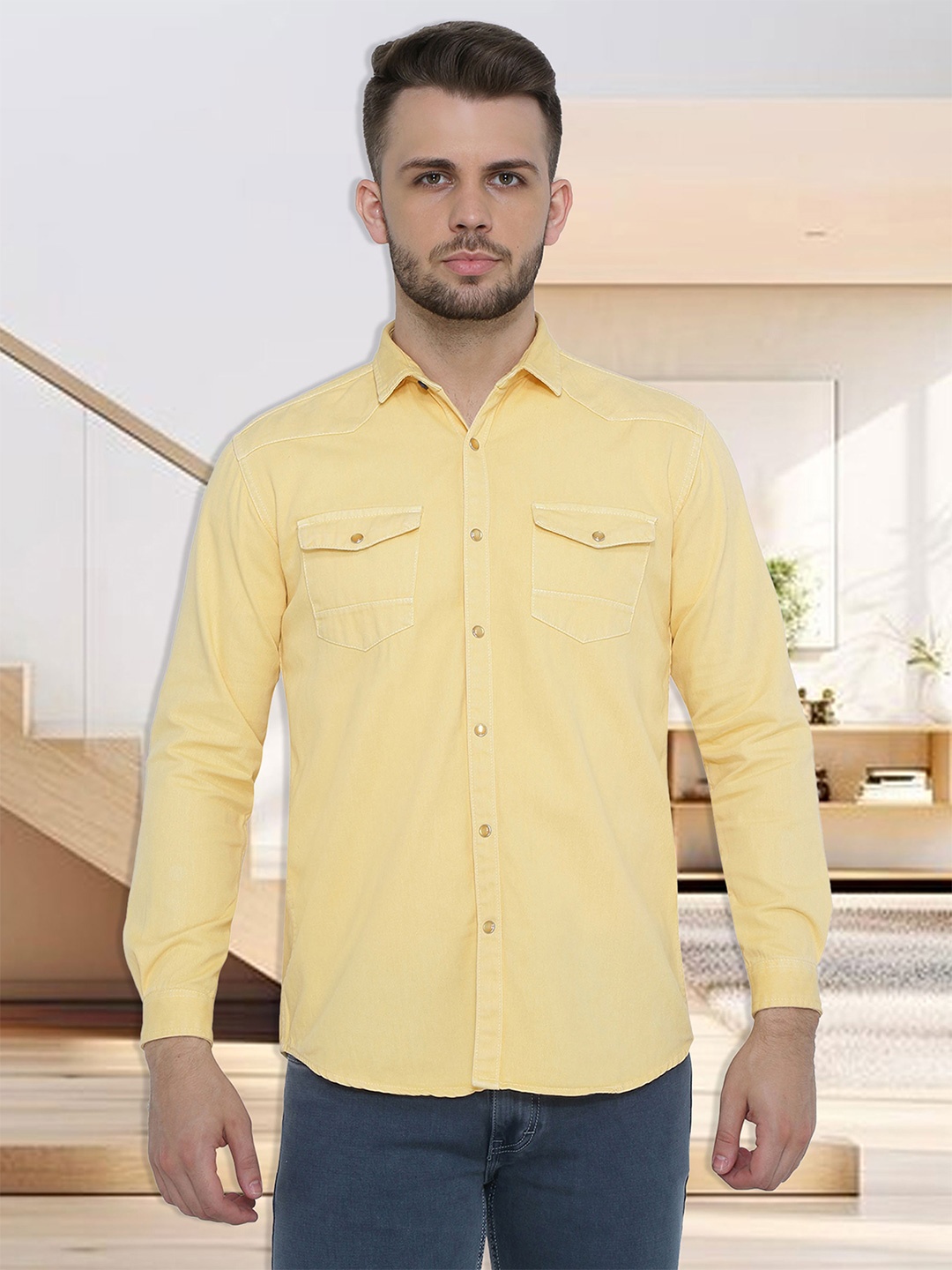 

Kuons Avenue Spread Collar Denim Slim Fit Casual Shirt, Yellow